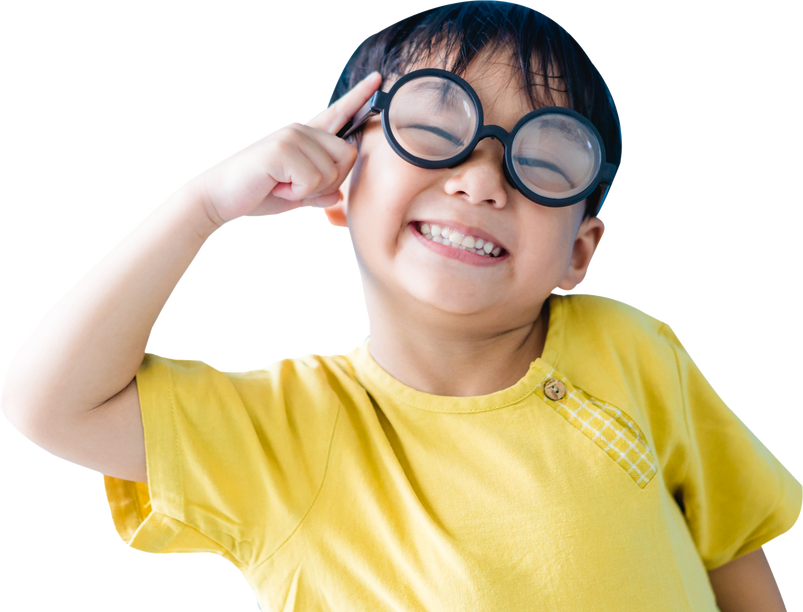 Smart Kid Nerd Asian Boy Child  with Yellow Shirt Wearing Glasses.